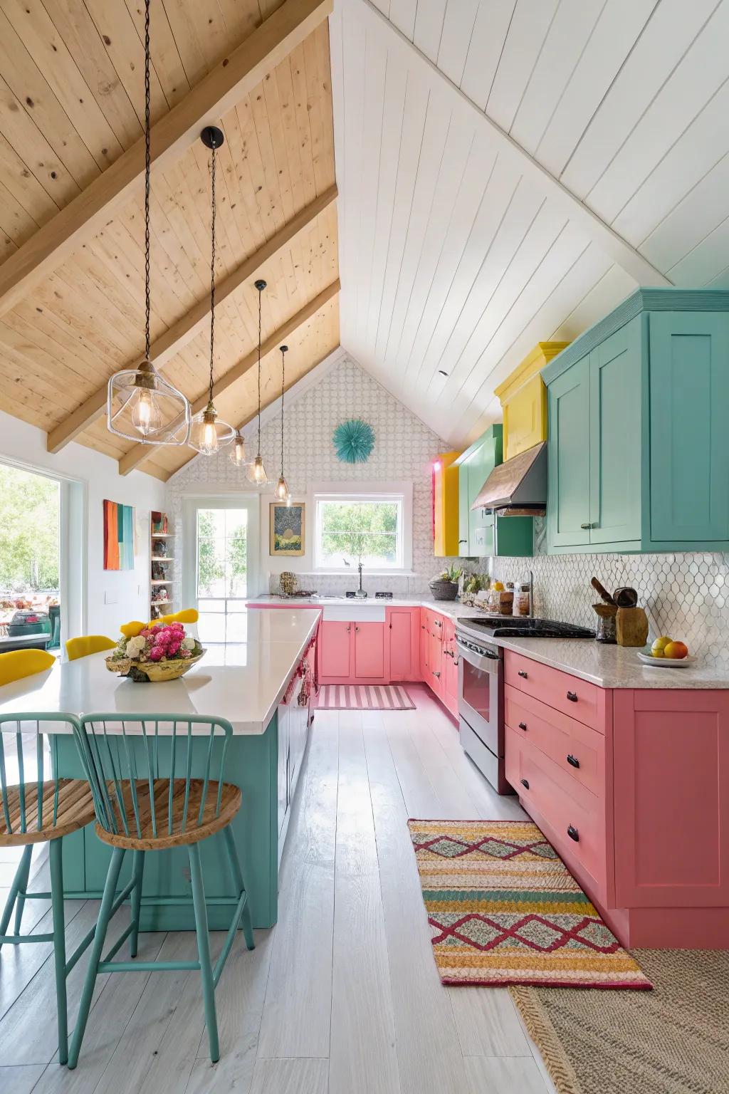 A splash of color imparts a playful essence to this modern vaulted ceiling kitchen.