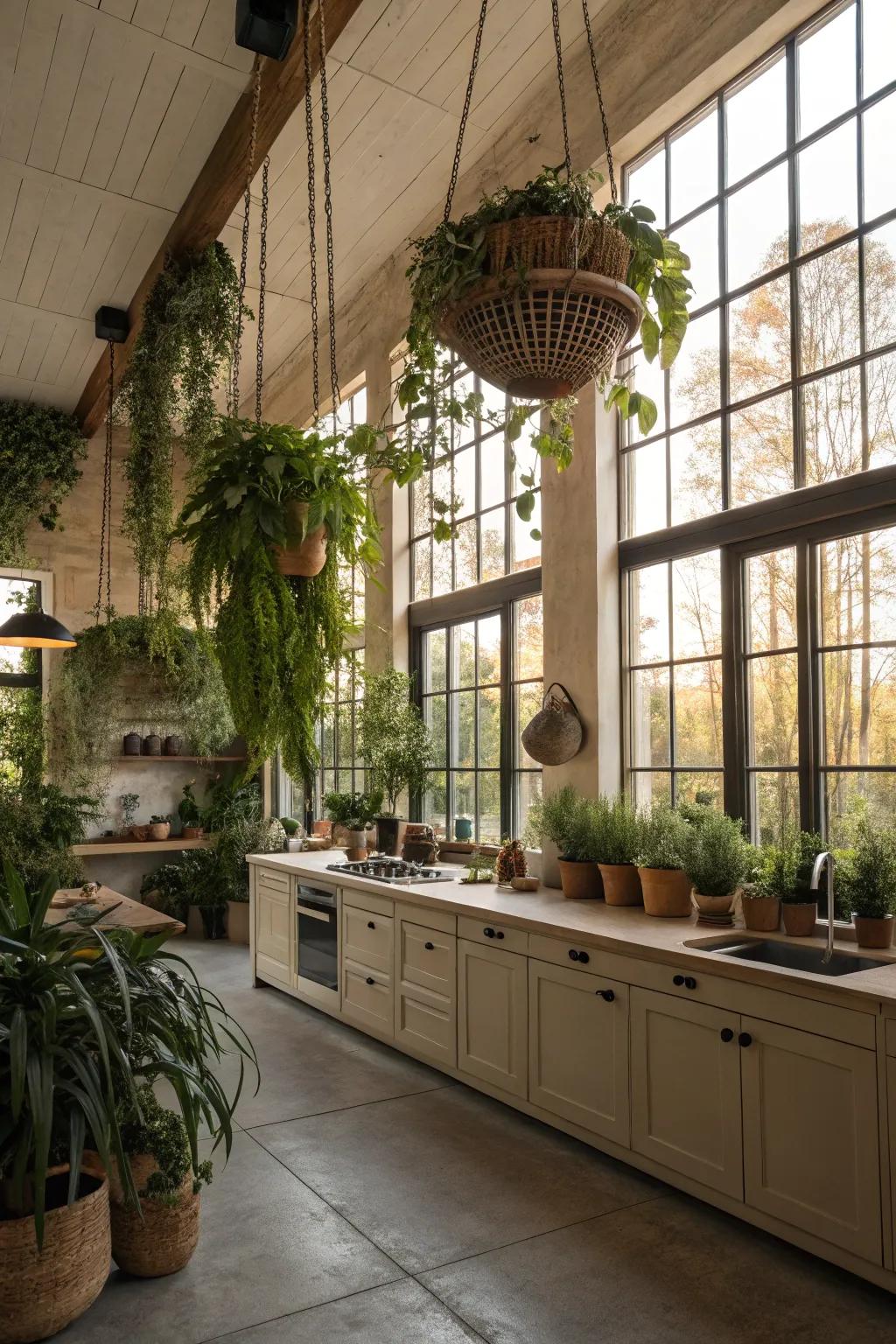 Greenery introduces freshness and vibrancy to the kitchen.
