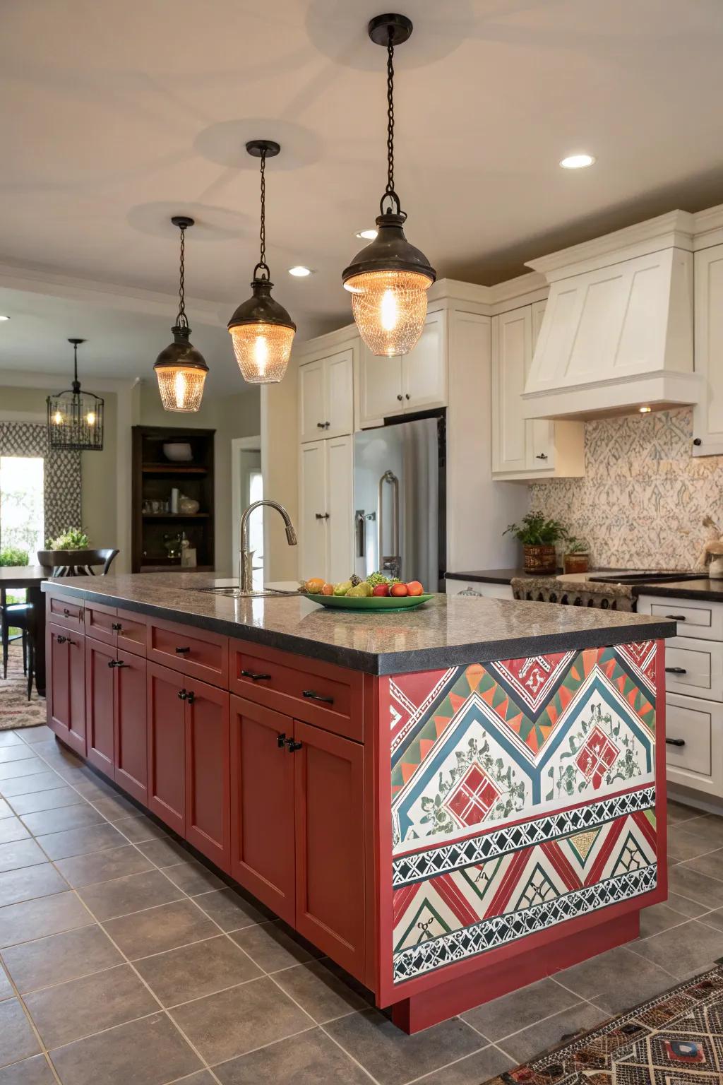 A vibrant overlay island constitutes an eye-catching cooking space centerpiece.