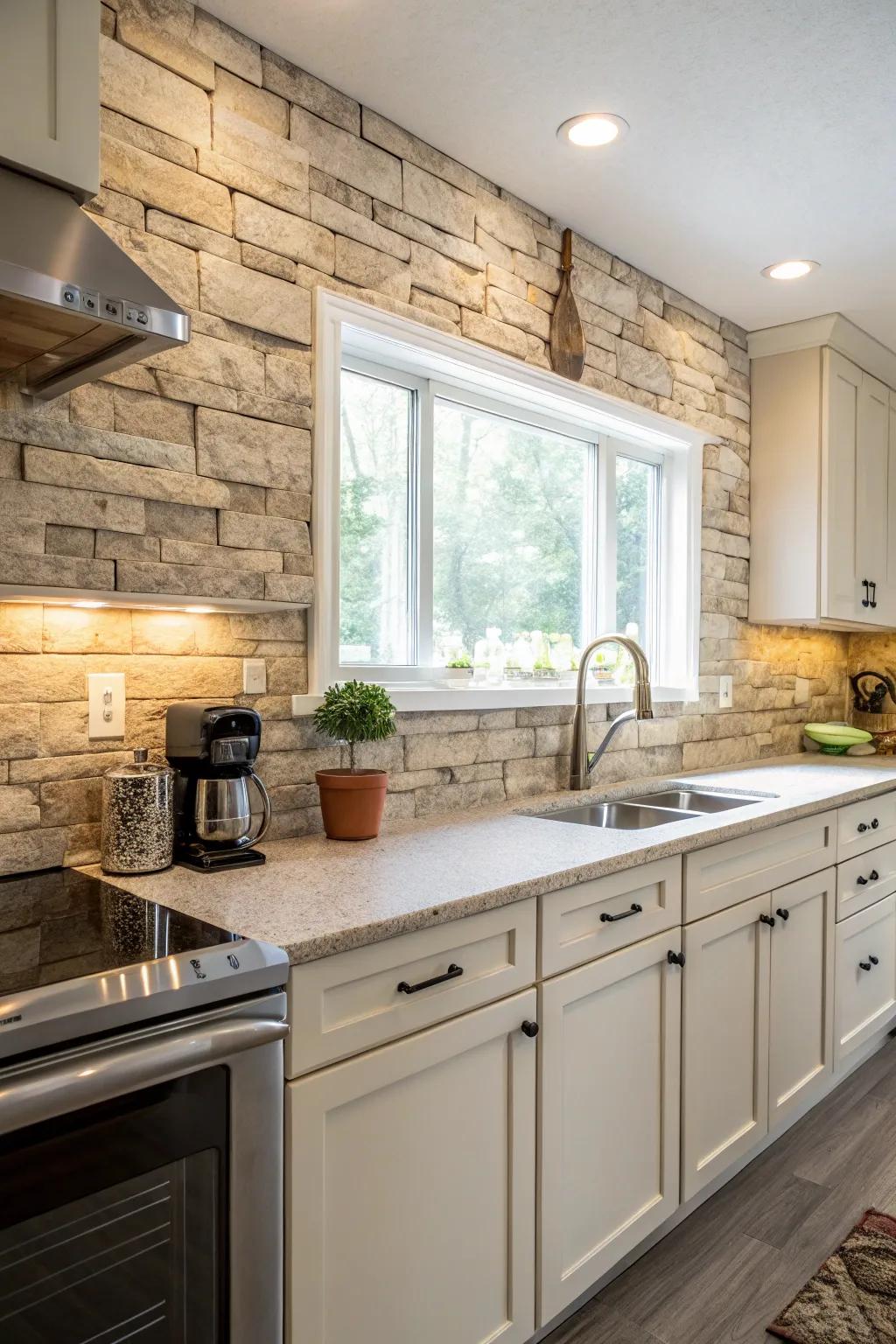Innate stone-patterned laminate appends elegance to your kitchen.