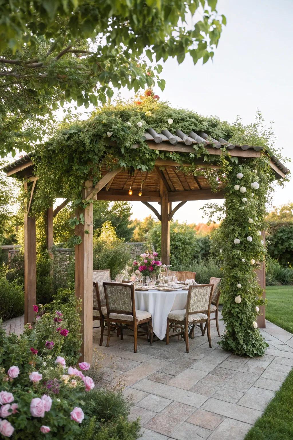 A timber pavilion furnishes a chic refuge for open-air dining.