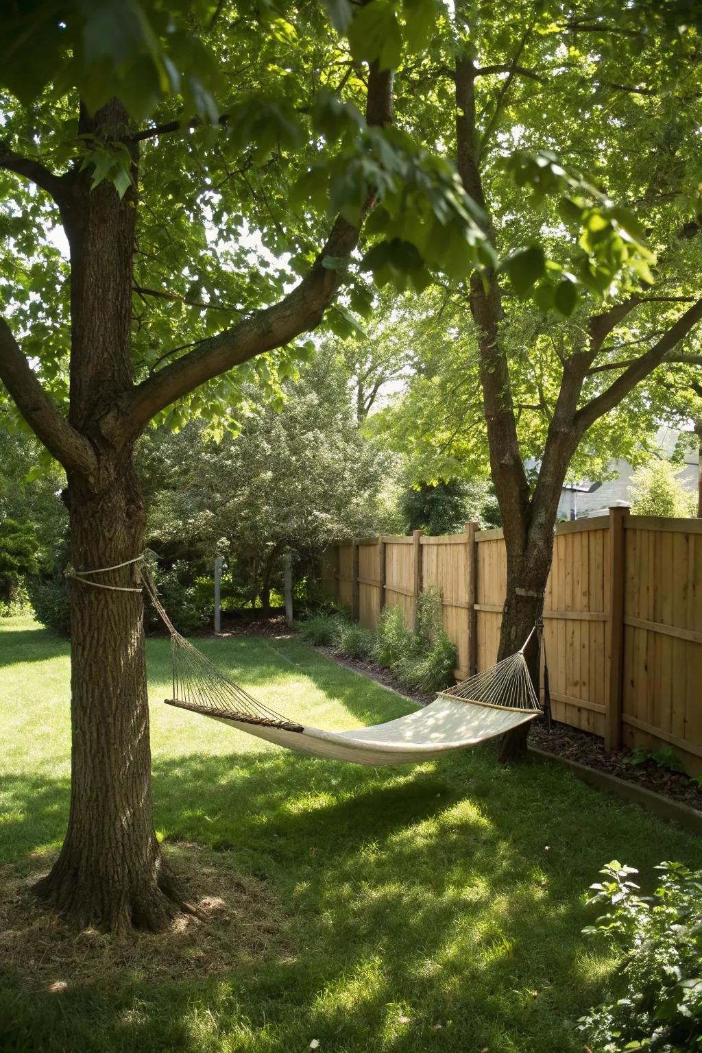A hammock strung between trees, establishing a relaxing retreat in the garden.