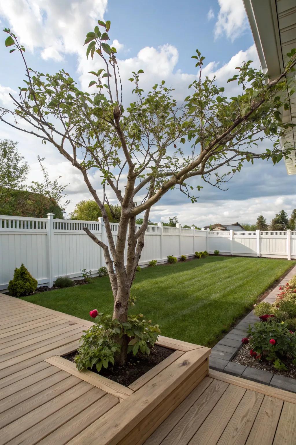 A tree integrated into a deck, providing a cozy outdoor living space.