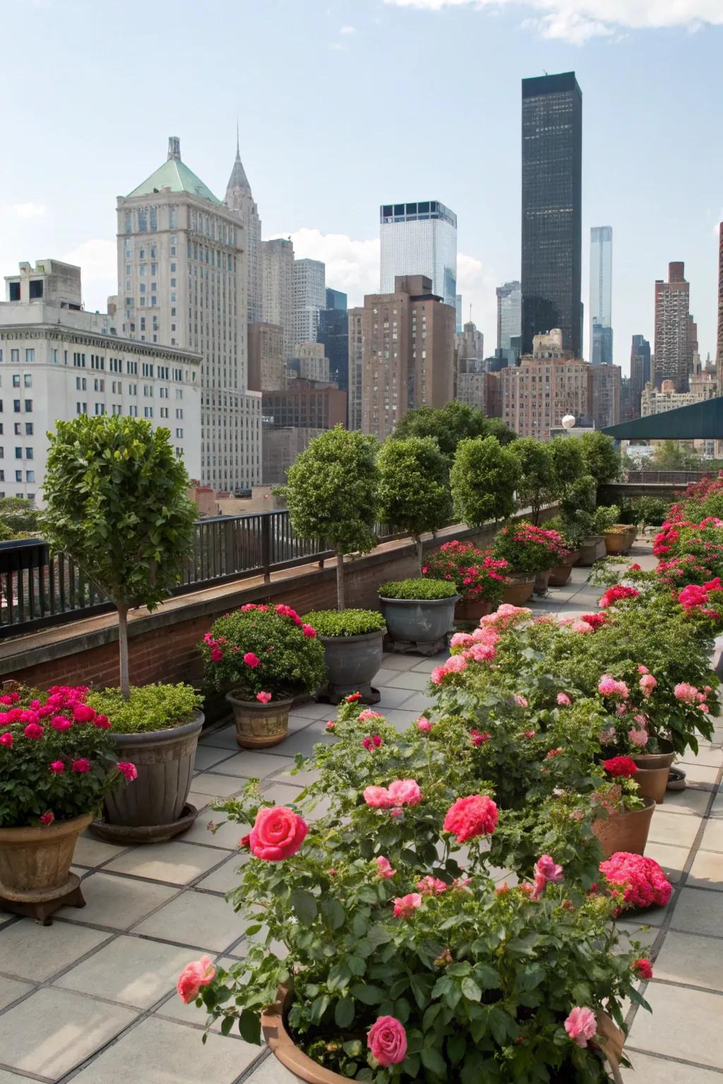 Potted Everbloom roses transform rooftops into retreats.