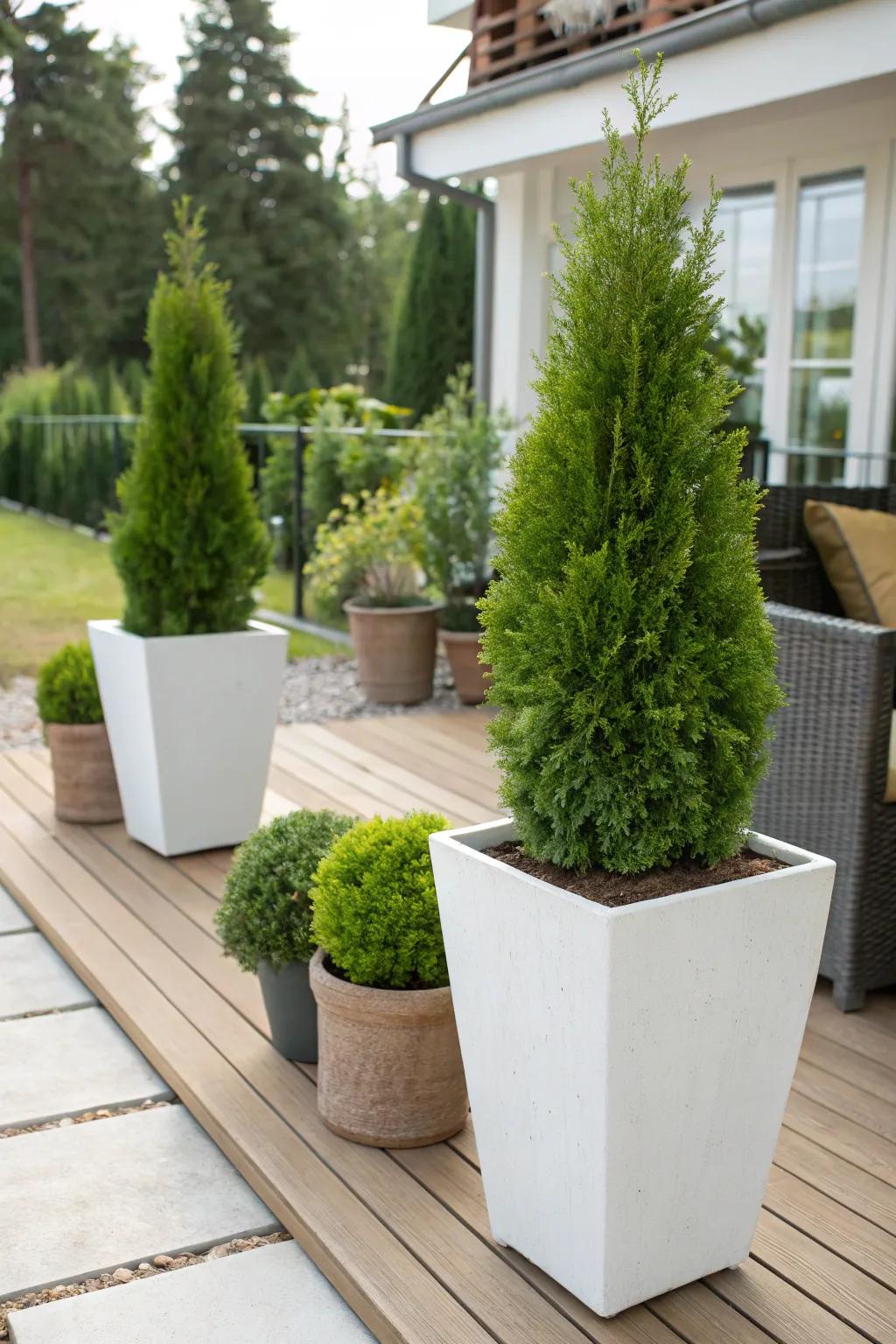 Thuja in containers offer adaptability for every season.
