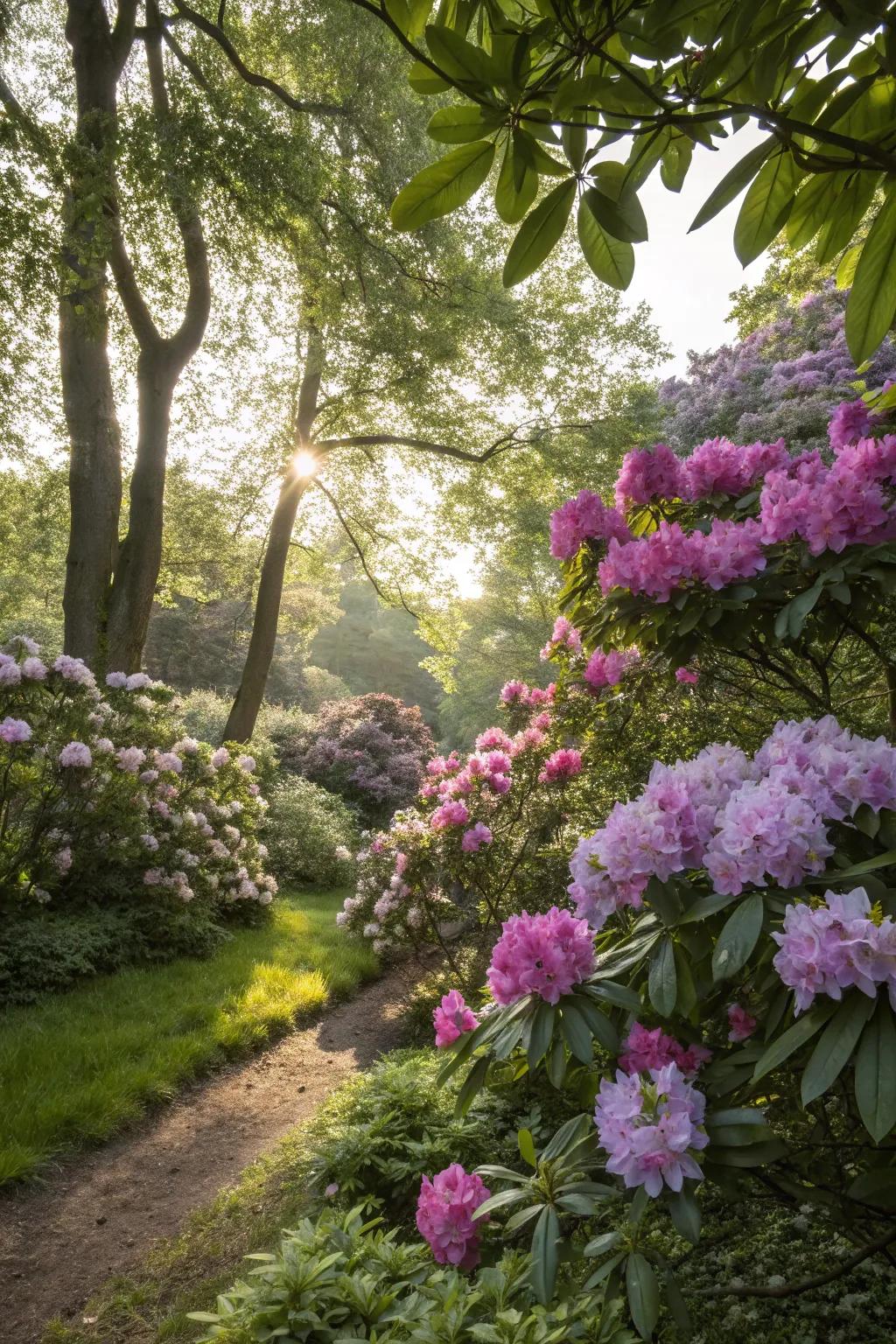 Rhododendrons imbue color within a tranquil shaded sanctuary.