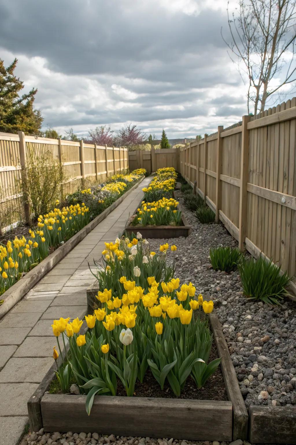 A petite garden zone made seemingly larger by a cohesive sowing of single-pigment tulips.