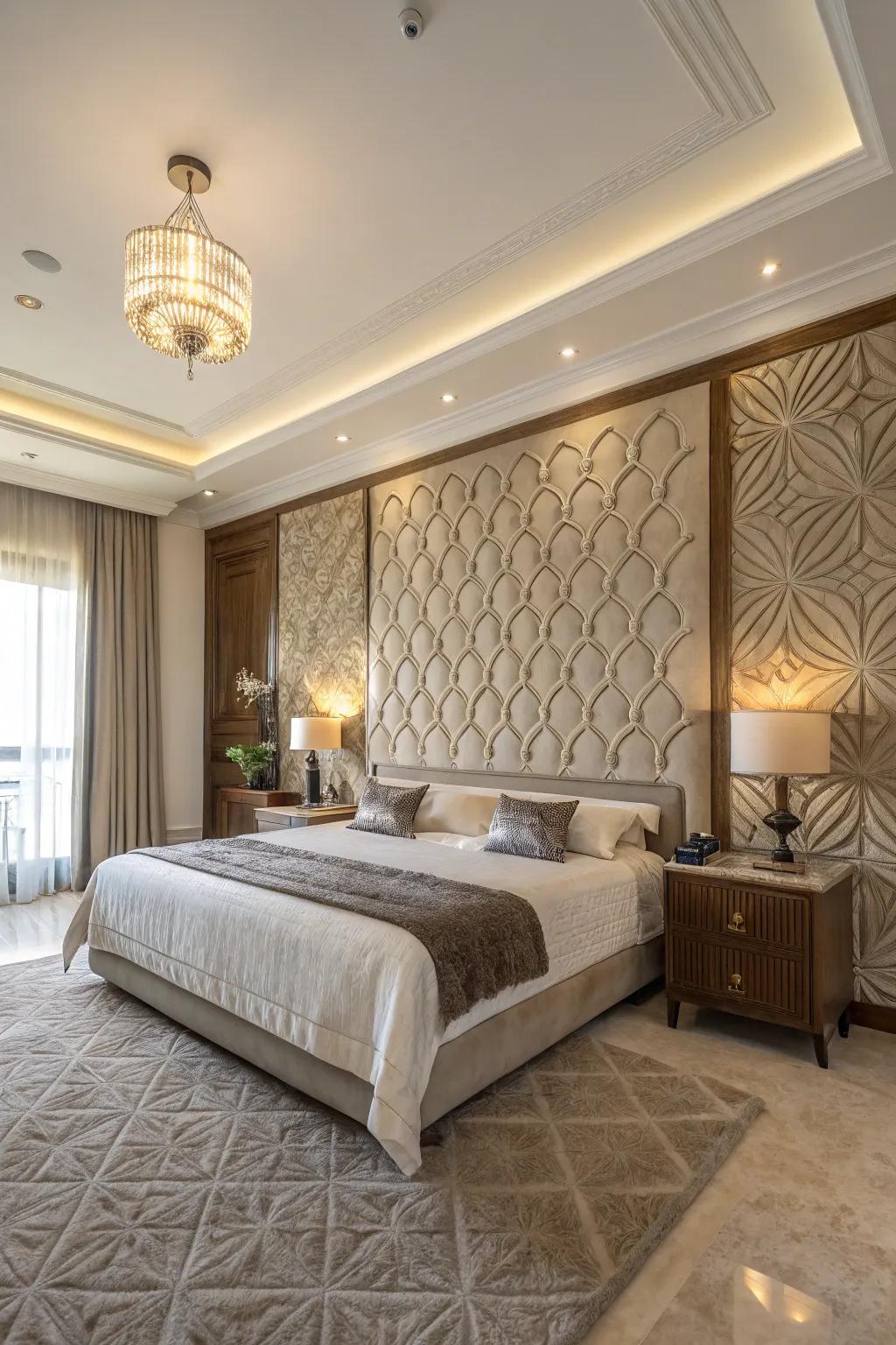 Surface enhancements augment the sophistication and tactile essence of this expansive bedroom.
