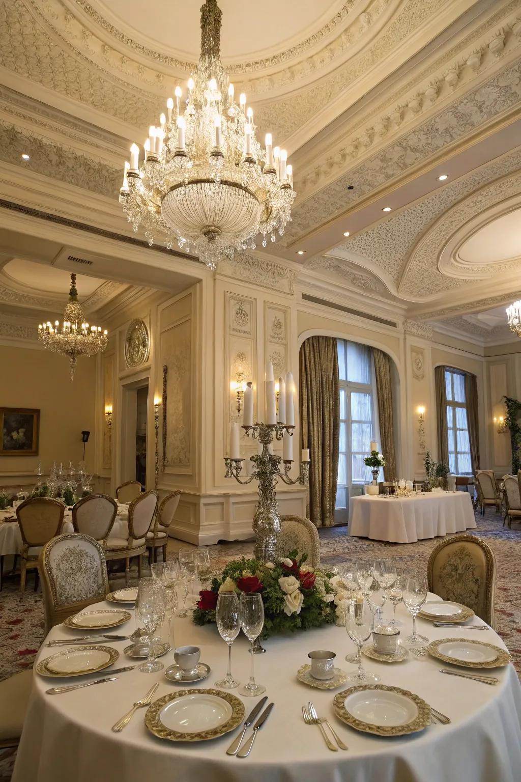 An elegant dining chamber, embellished with expansive crown molding, thereby enhancing the dining experience.