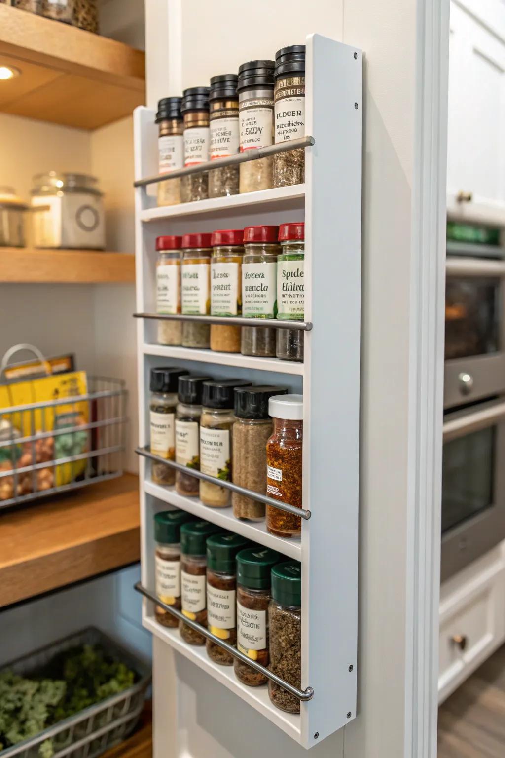 A vertical spice rack keeps all your spices within easy reach.