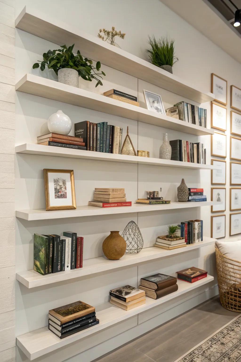 Floating shelves deliver minimalist elegance for showcasing ornaments.
