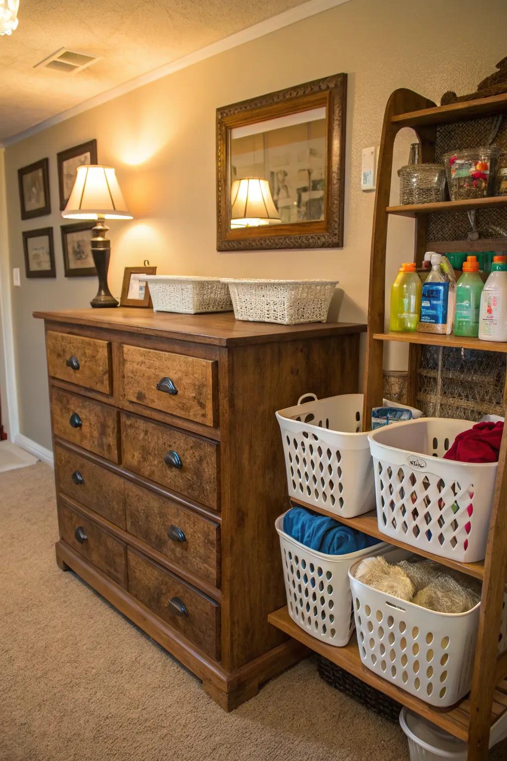 Laundry storage is given a distinctive charm with repurposed furniture.