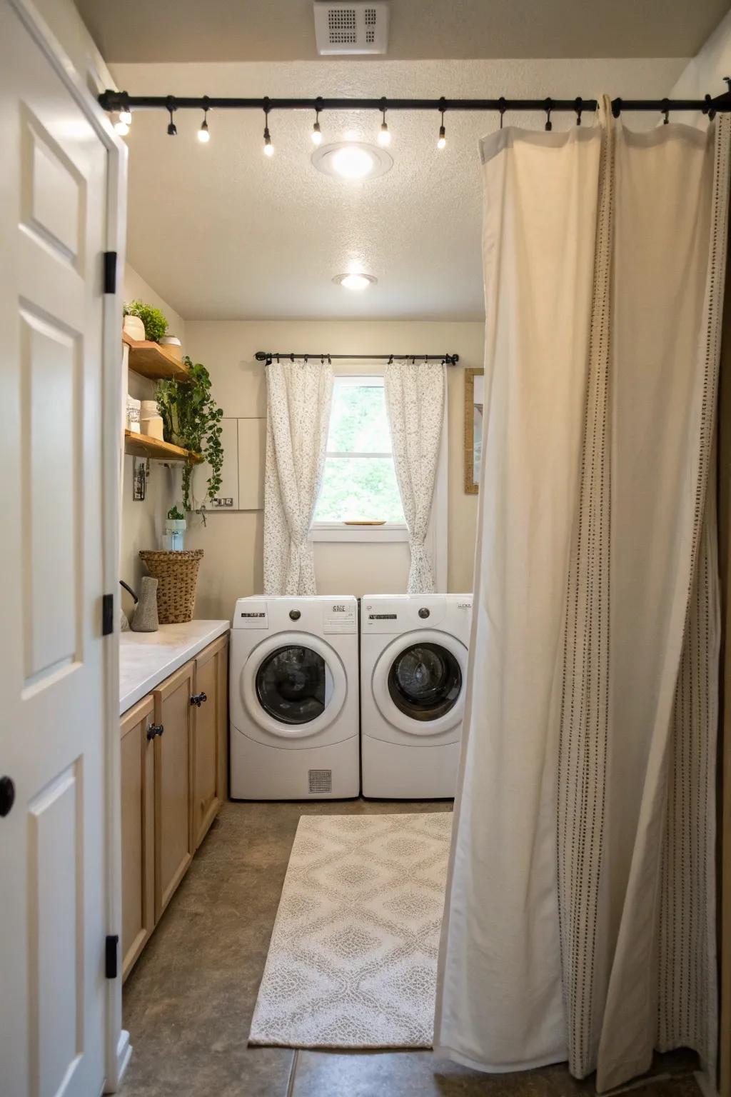 Tie-top drapes offer a simple and inviting touch to your laundry space.