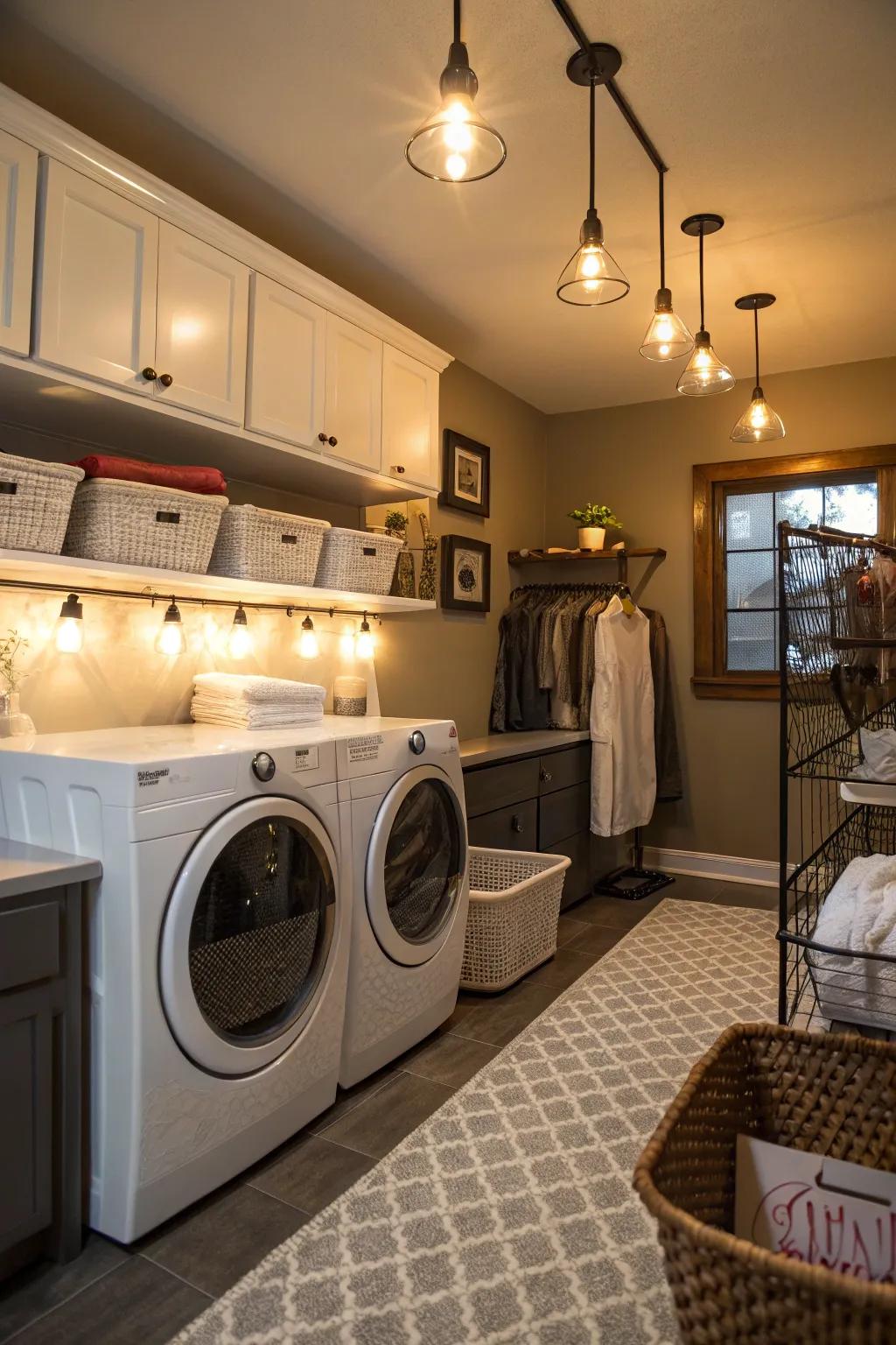 Layered lighting generates dimension and warmth in your laundry room.