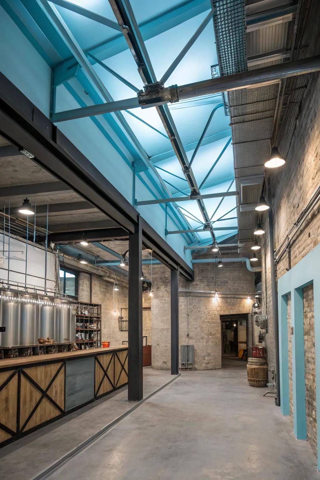 An industrial space alleviated via a contrasting sky-blue overhead surface.