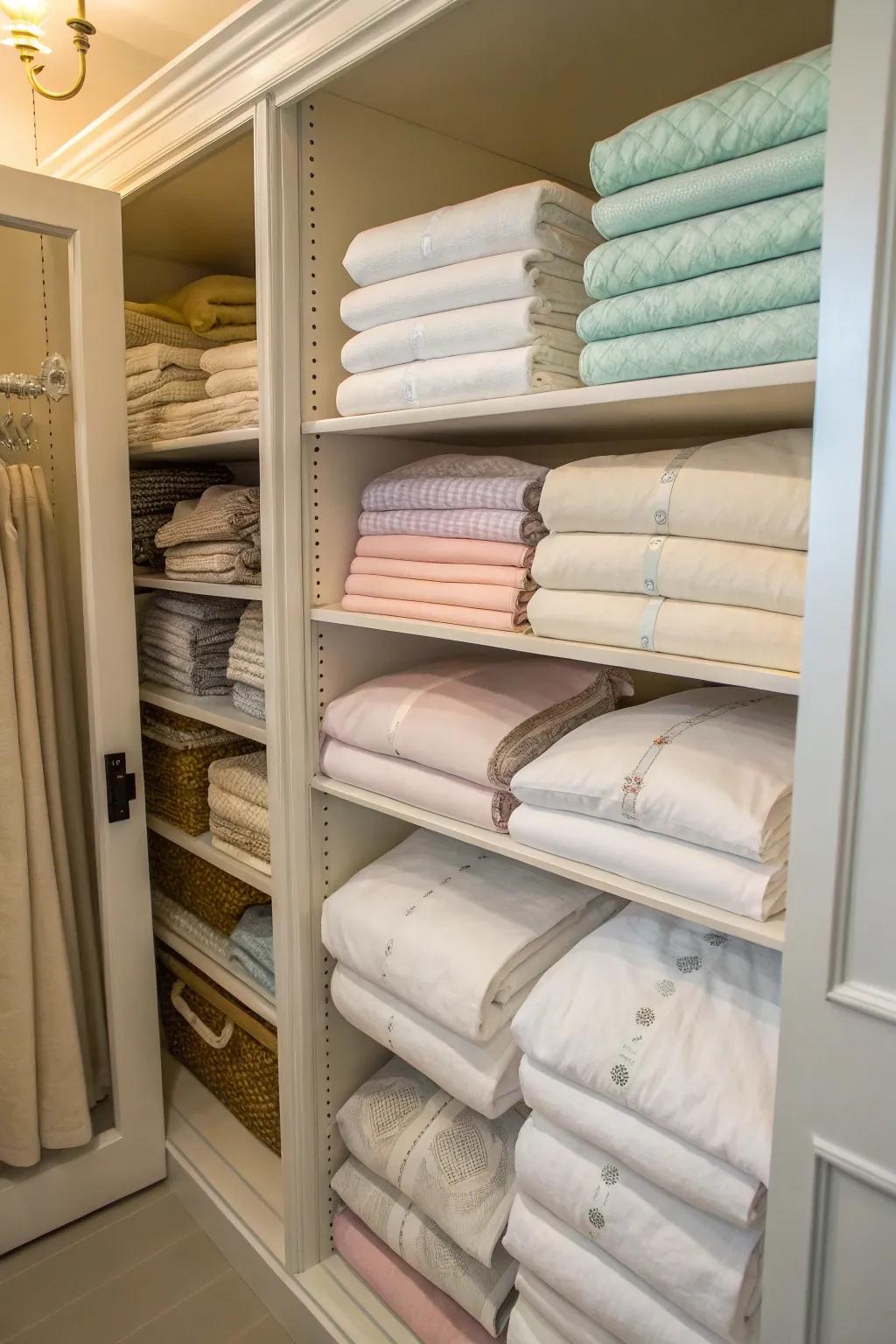 Creating linen bundles ensures sheets remain organized and compact.