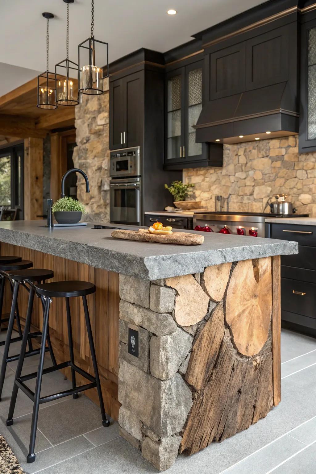 A kitchen displaying an impressive mix of materials alongside a live edge countertop.