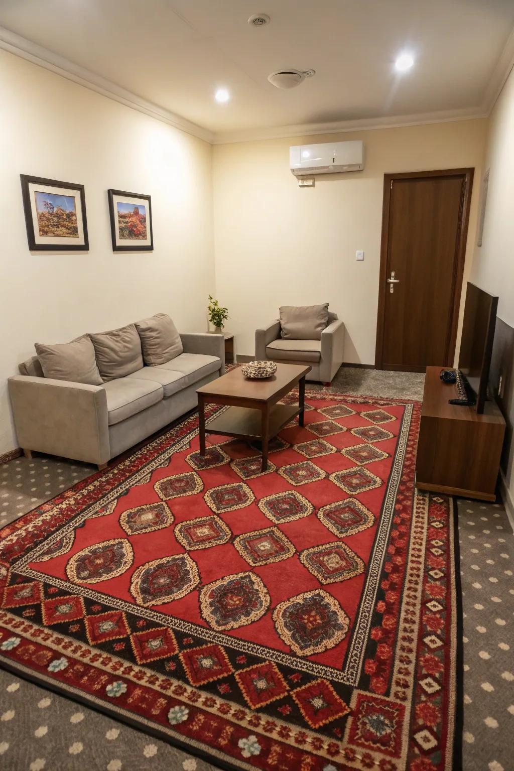 A bold carpet can create a significant impact in compact areas.