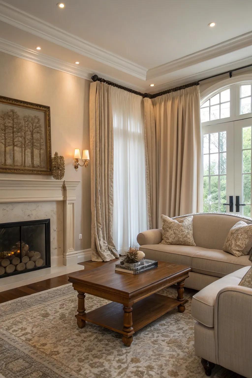 Window coverings in neutral tones deliver ageless elegance and adaptability.