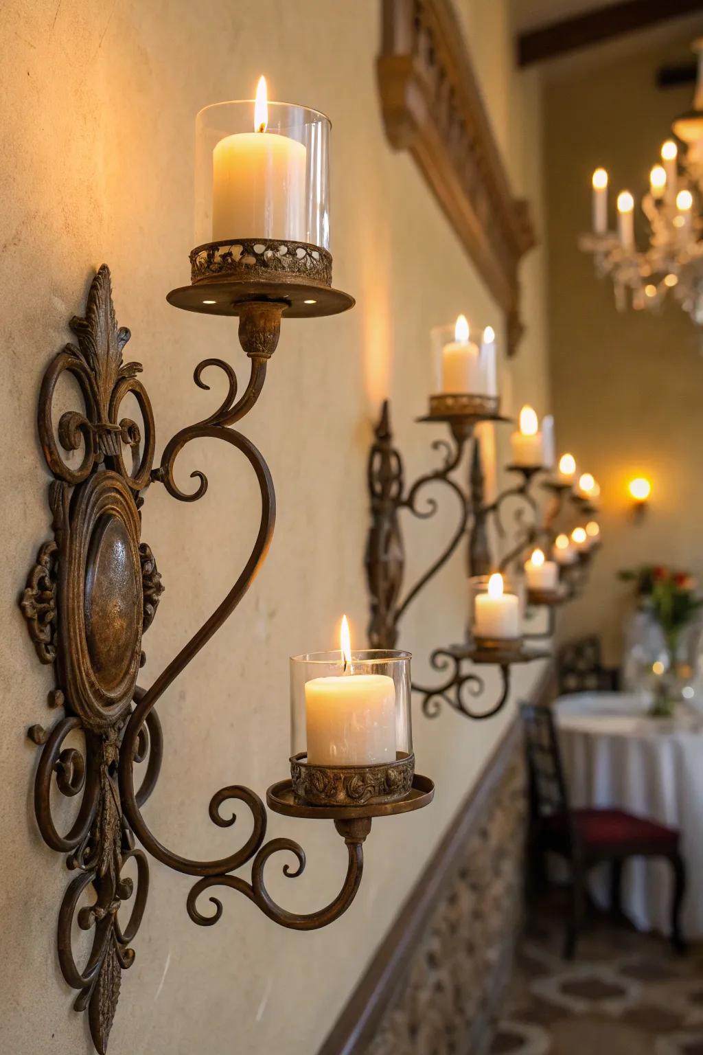 Wall luminary holders provide a warm and inviting glow.