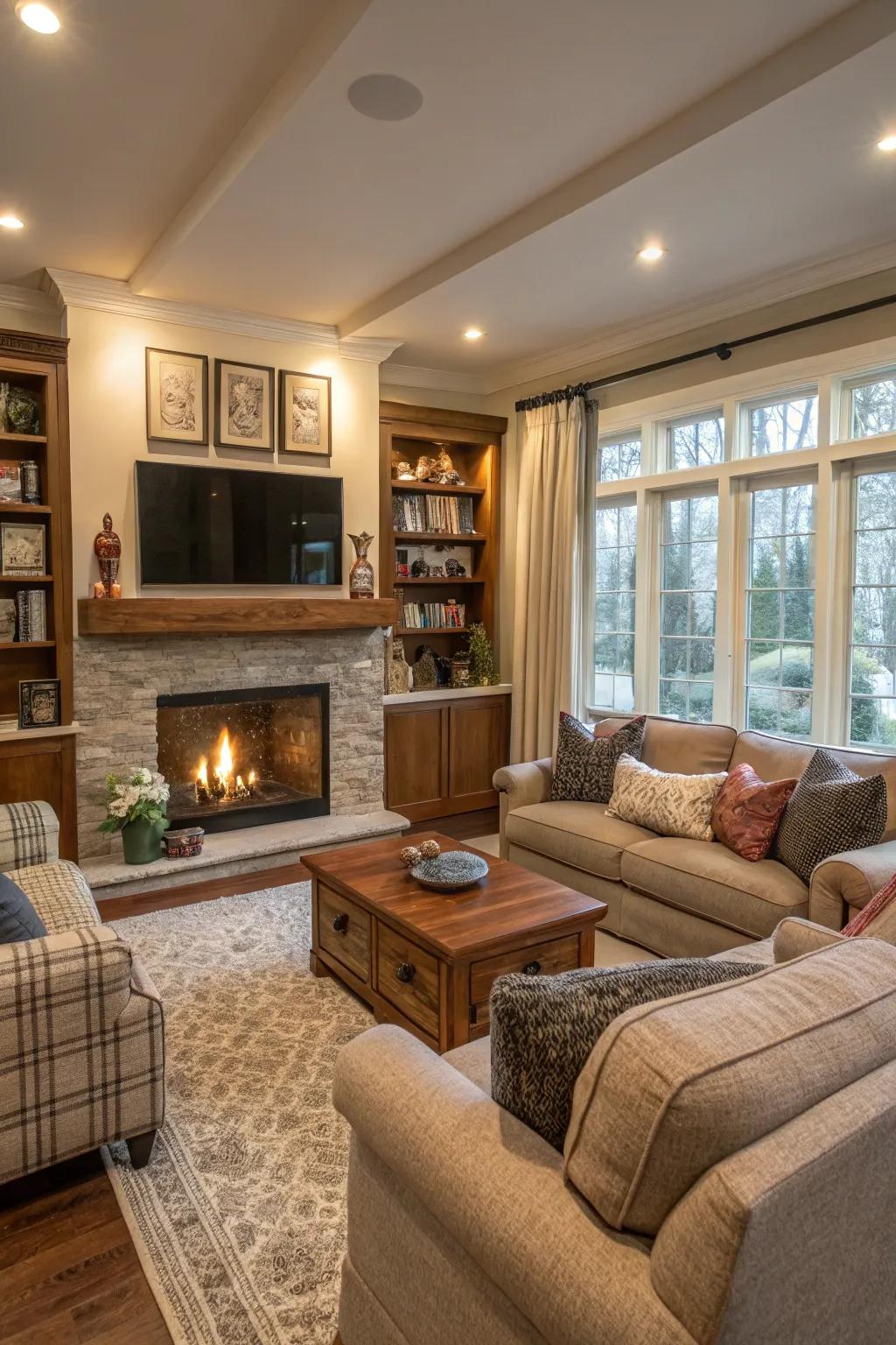 A family-friendly living space optimal for gatherings that take place around the hearth.