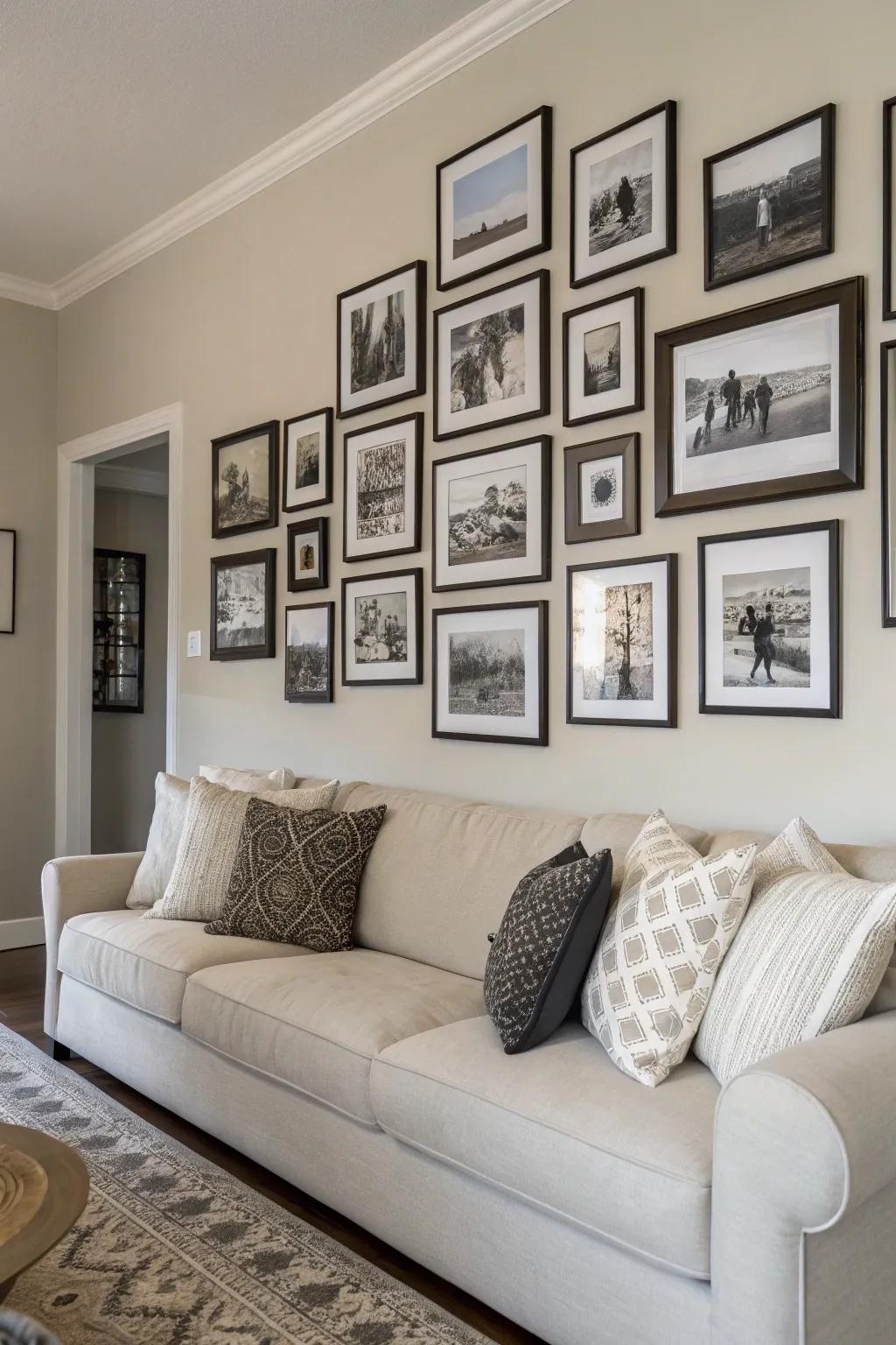 Create a timeless look with a monochrome-themed photo display.