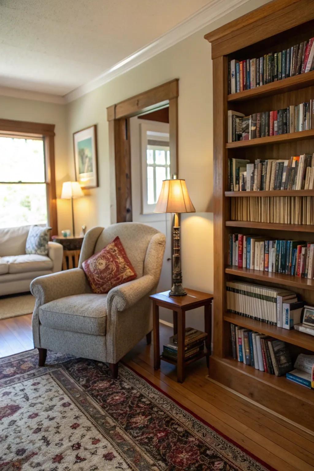 A snug reading alcove in a living room.