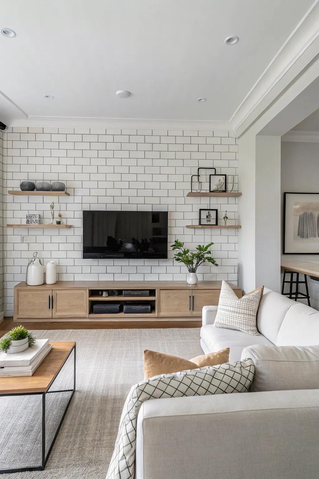 Timeless lounge with minimalist subway tile wall.