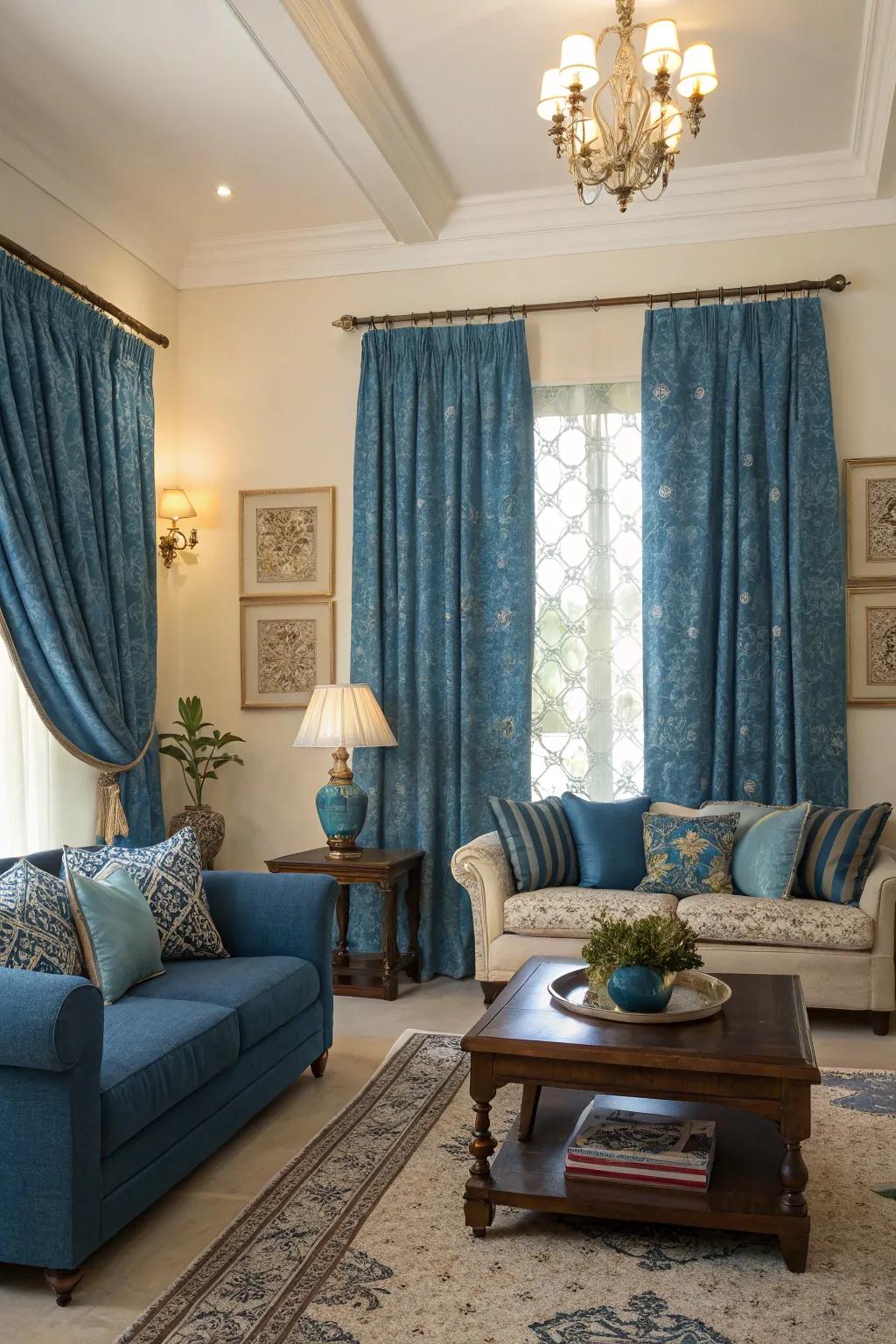 Azure accessories such as cushions and throws coordinate with azure window coverings, engendering a cohesive and polished aesthetic.