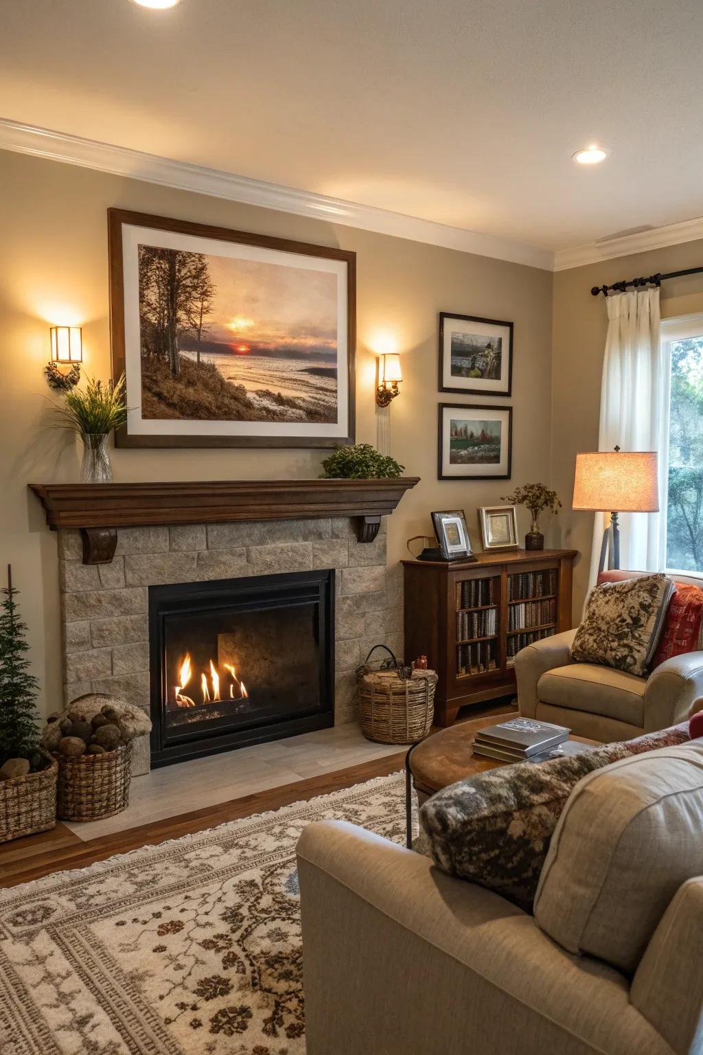 A personal living area highlighted by a large, expressive photograph displayed above the fireplace.