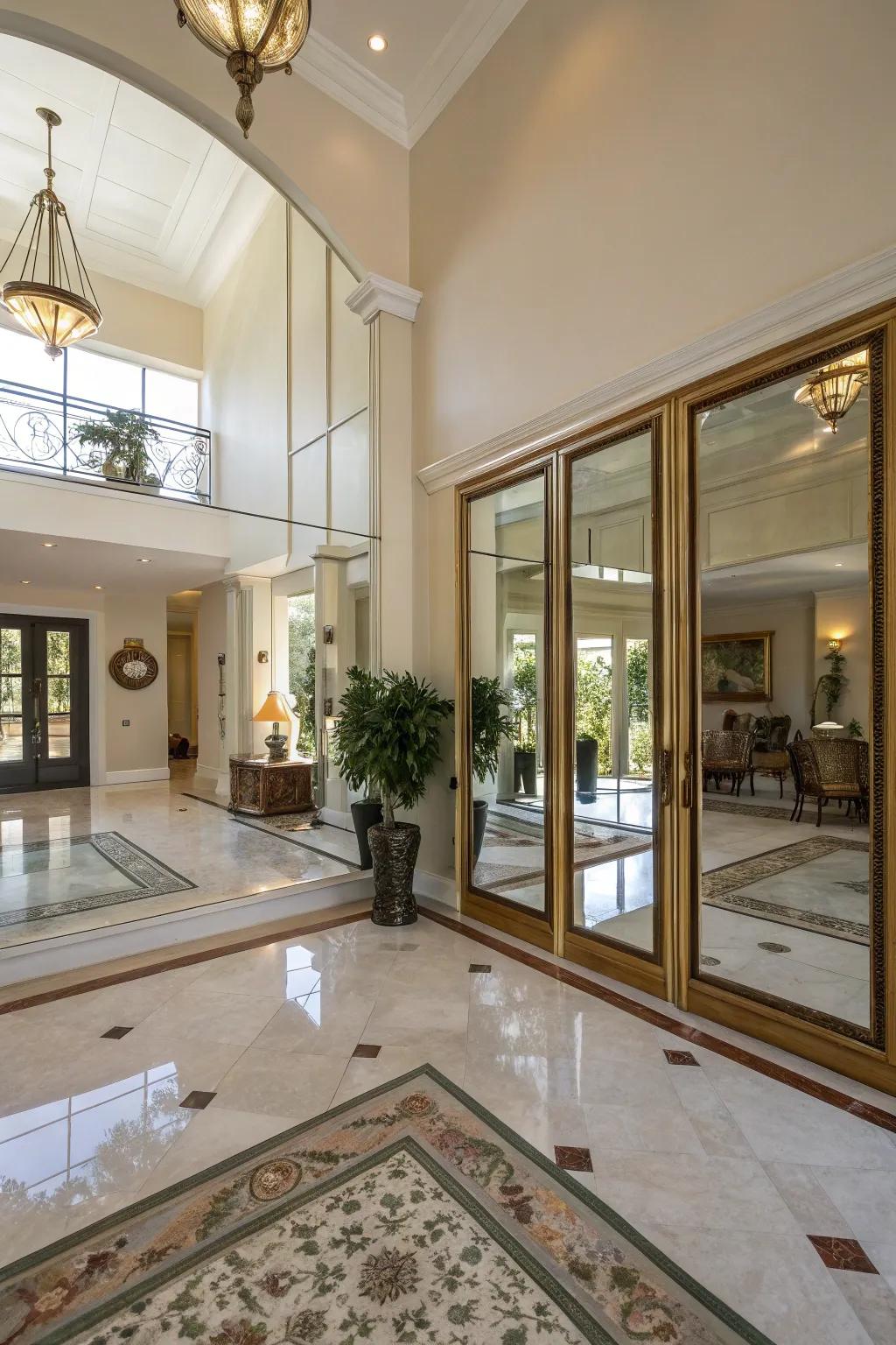 A spacious lobby fashioned with mirrors