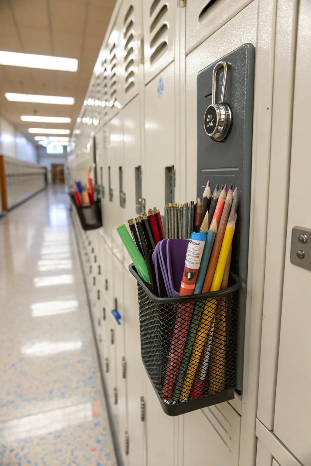 A locker showcasing a stick-on writing tool holder for easy access to pens and pencils.