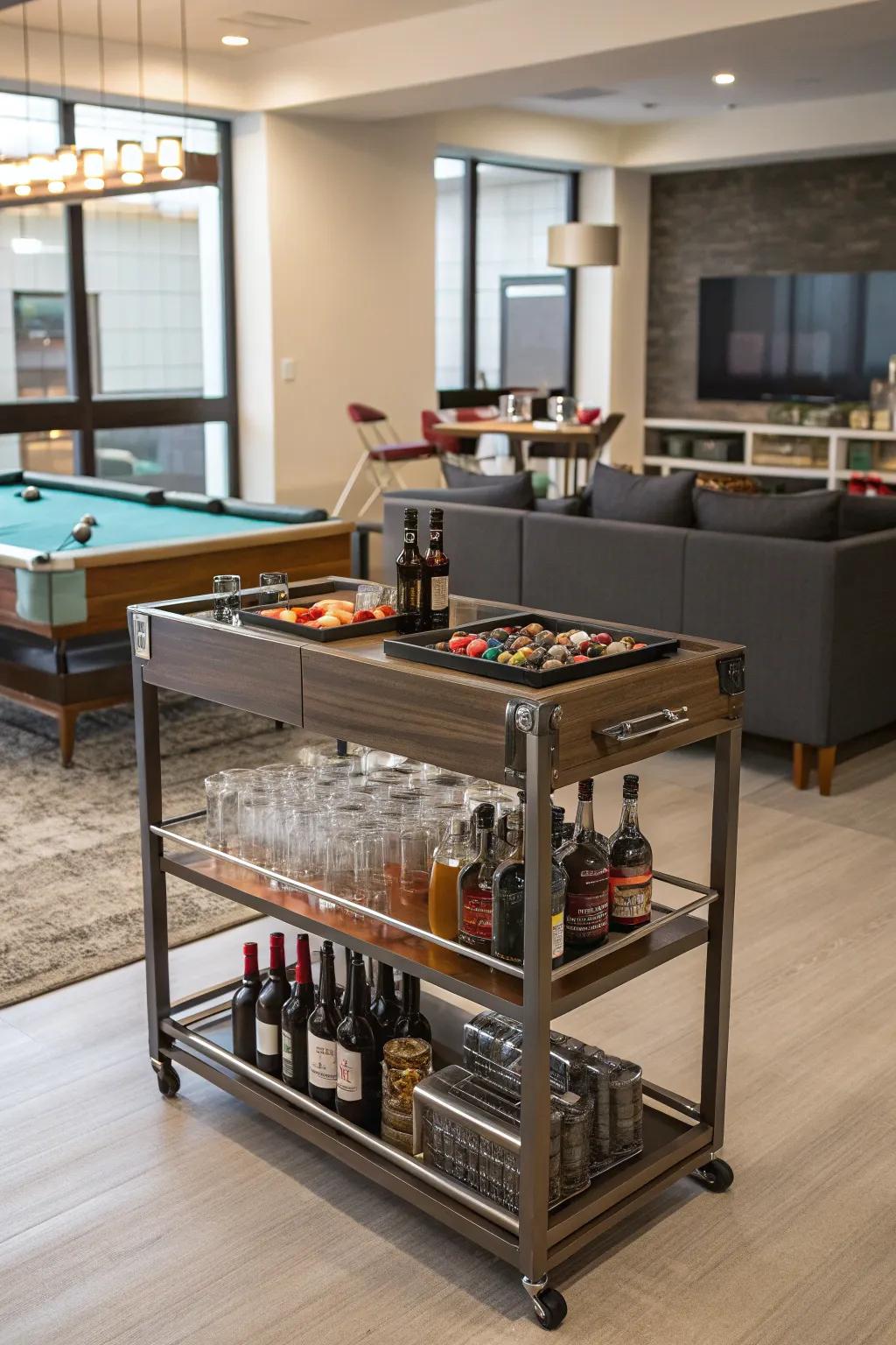 A bar cart adds elegance and convenience for adult socializing.