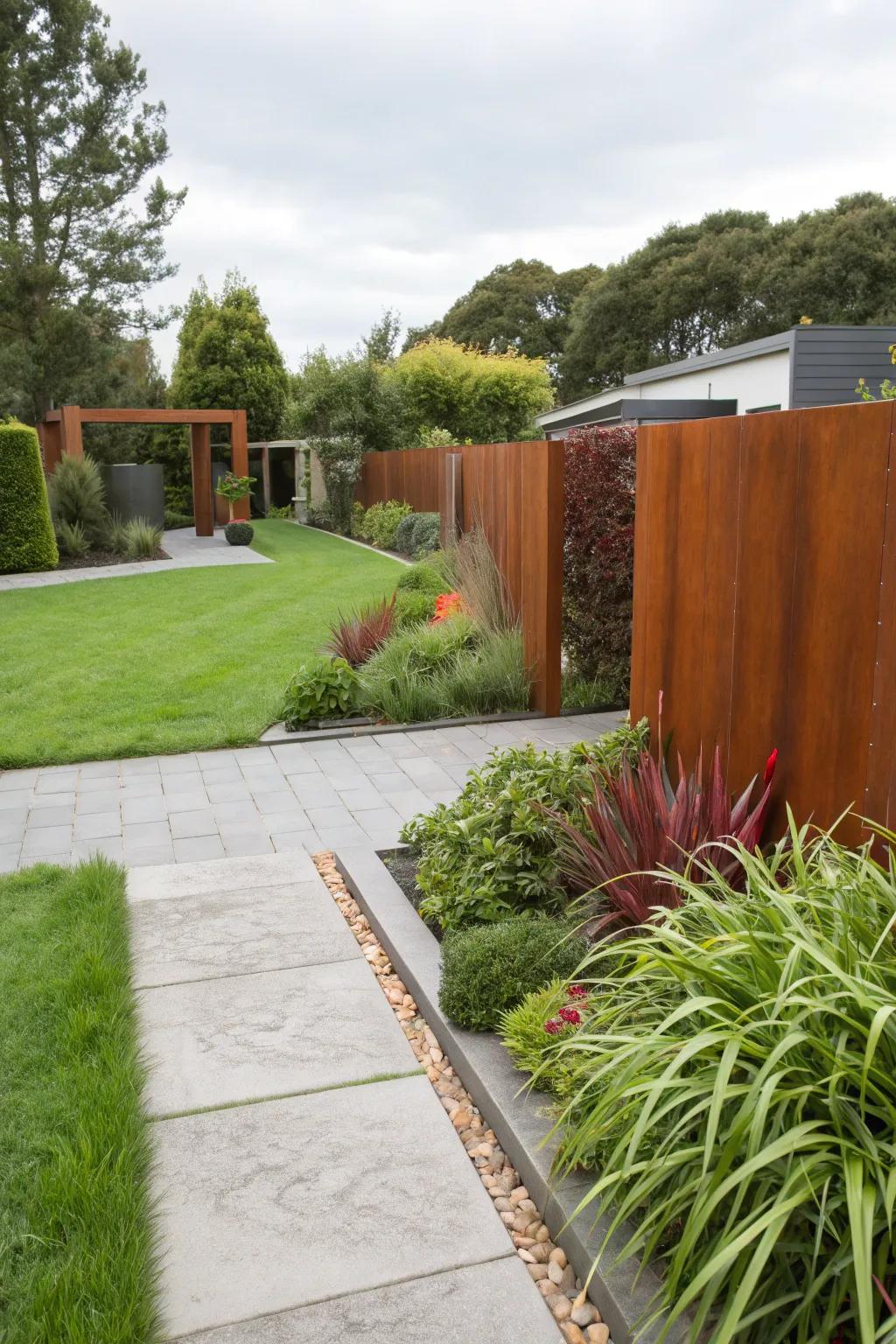 Corten steel screens append an industrial boundary to this modern front yard.