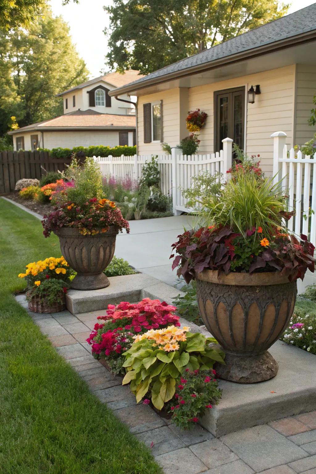 Substantial containers streamline plant care and arrangement.