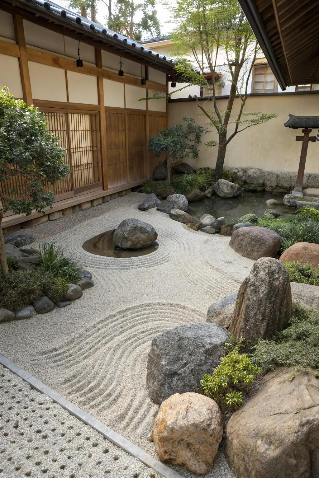 A tranquil Reflection Garden nook featuring stones and grit.