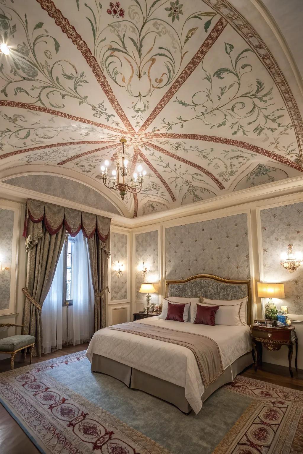 A luxurious bedroom with a ceiling that serves as a dramatic design décor.