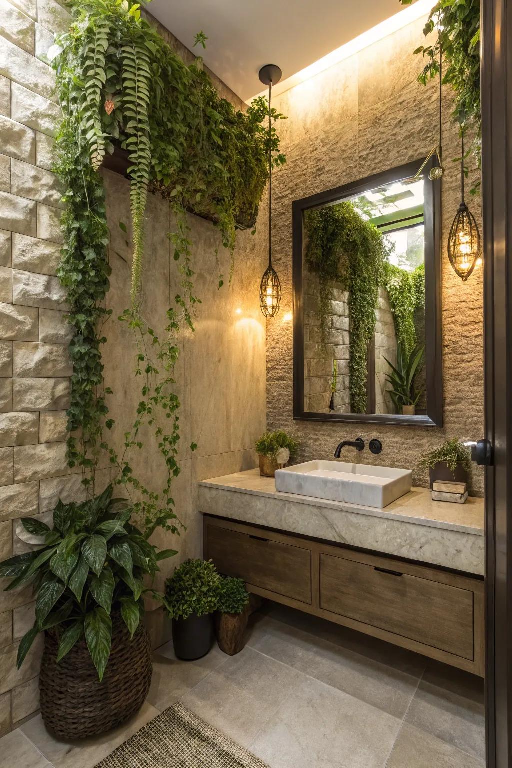 Natural elements introduce a fresh and calming vibe to the bathroom.