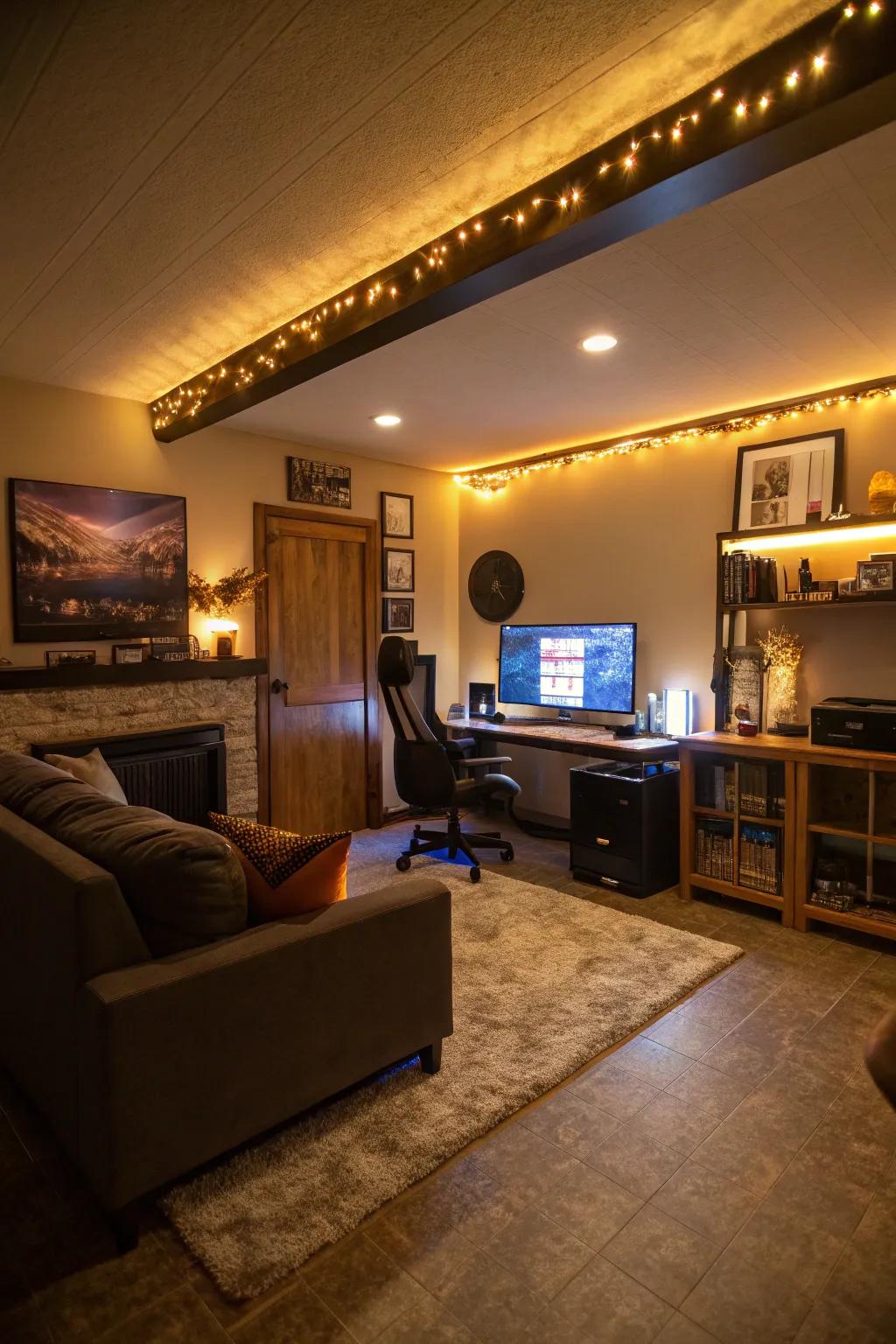 Layered lighting enhances both depth and customization throughout this man cave.