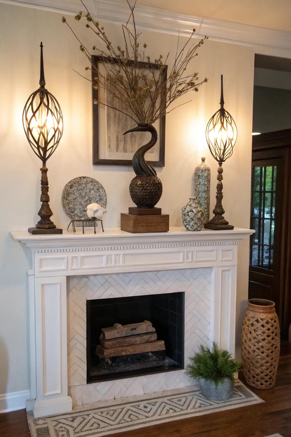 A sculptural piece creates a striking focal point on this mantel.