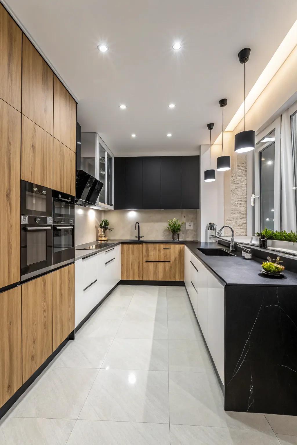 A contemporary culinary space with a monochrome palette and lightwood units for an acute visual.