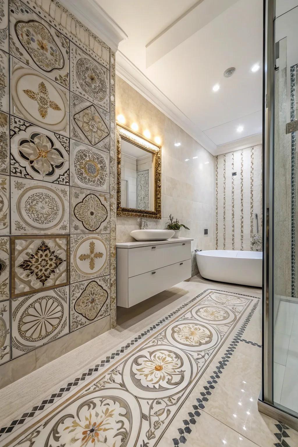 Patterned limestone-effect porcelain tiles add unique flair and personal expression.