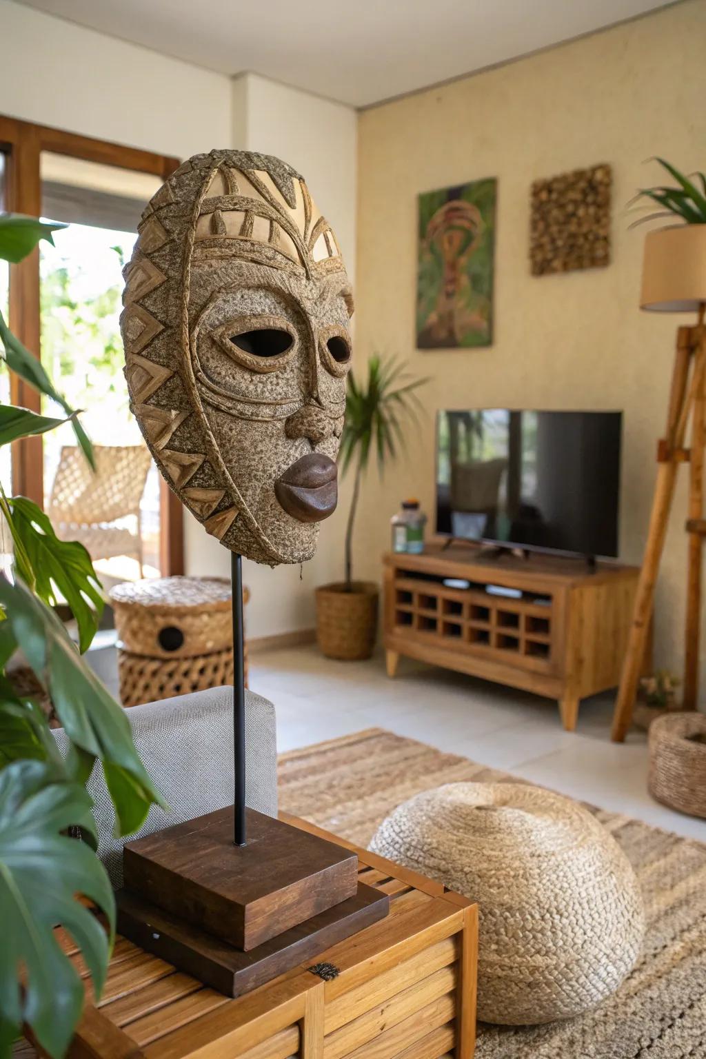 An eco-friendly mask sculpture harmonizing art with sustainability.