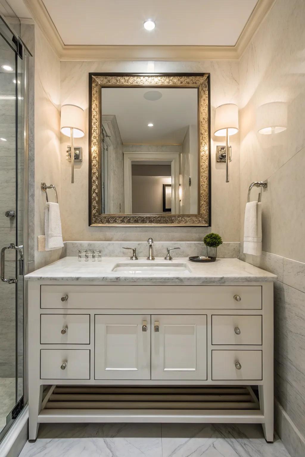 A restroom design that features a custom-designed mirror positioned above the vanity.