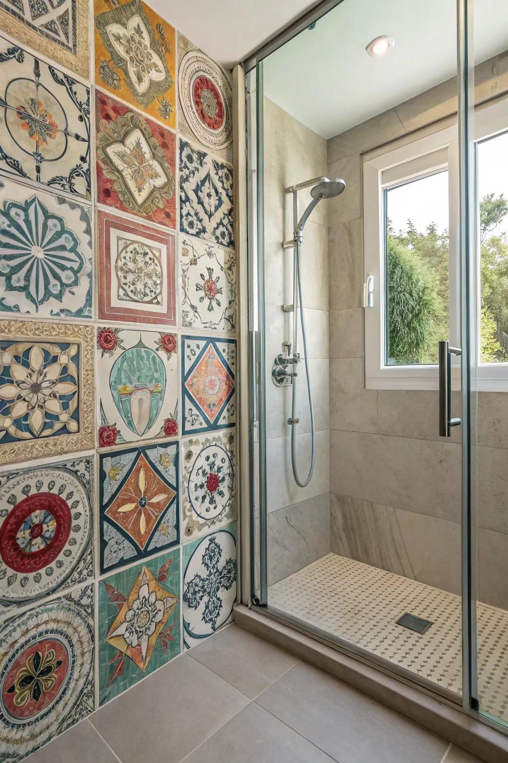 A shower stall exhibiting artisan fashioned pavers for a distinctive, personalized impression.