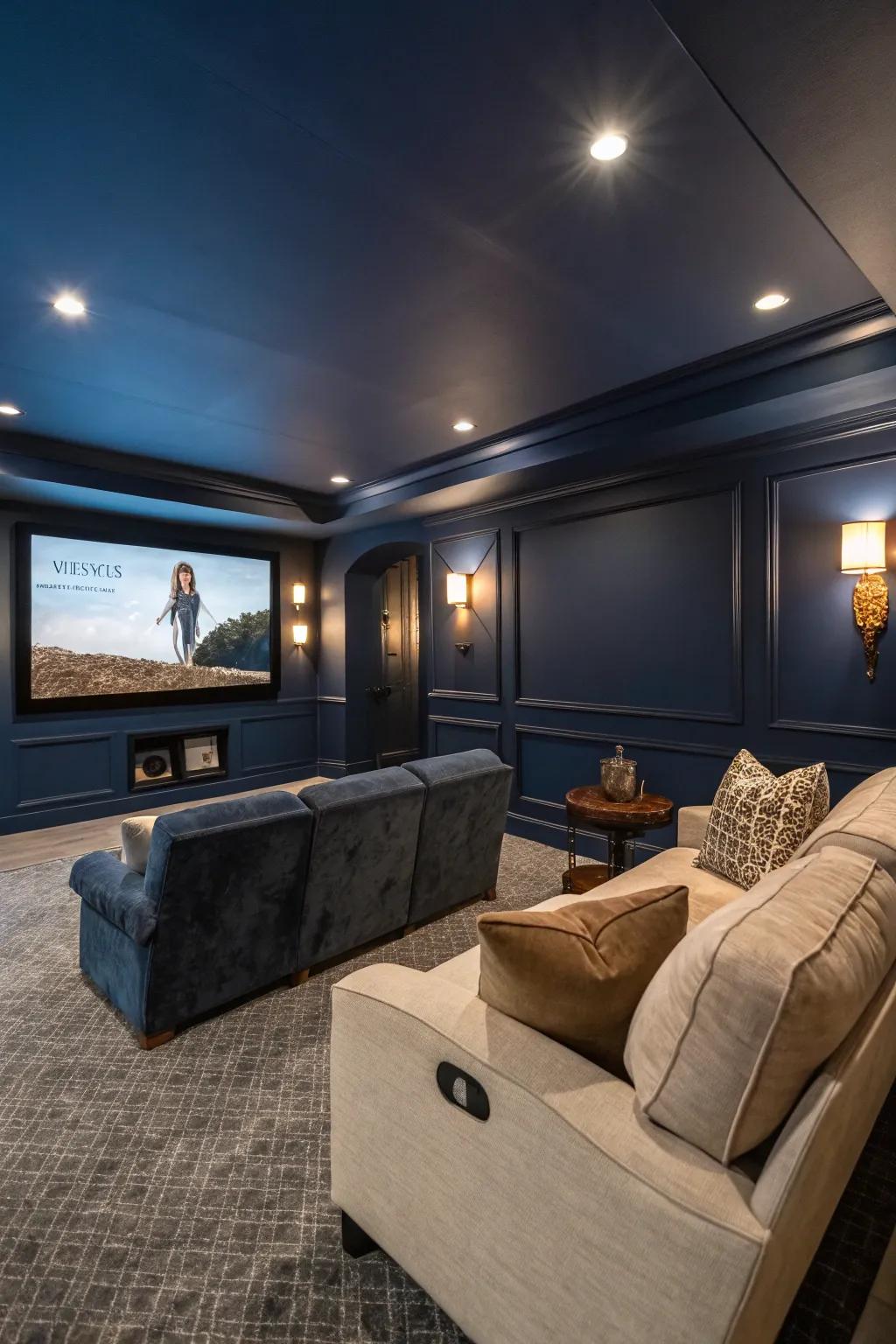 A moody media room featuring twilight blue walls, optimal for a relaxed viewing experience.