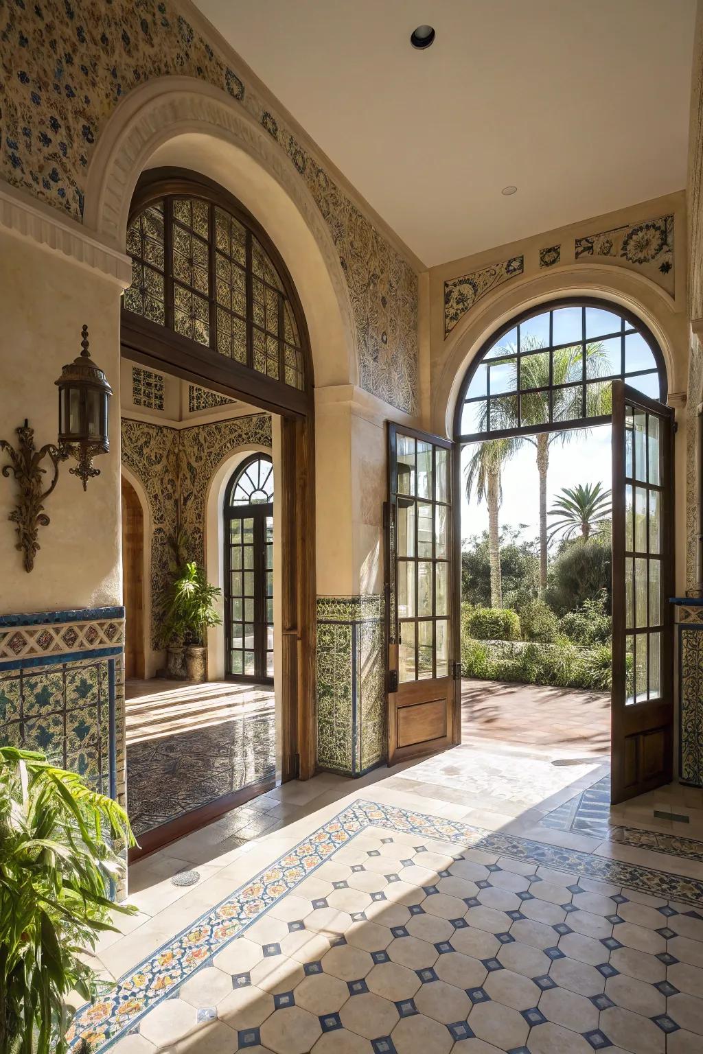 An open arrangement in a Mediterranean entryway enhances the flow of light and area.