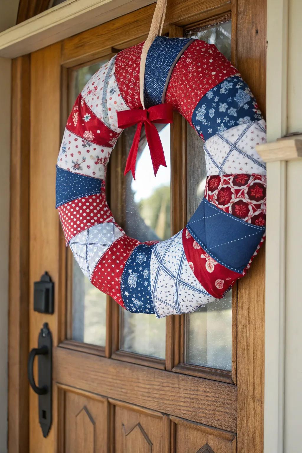 A vintage charm conveyed through a textile patchwork wreath.