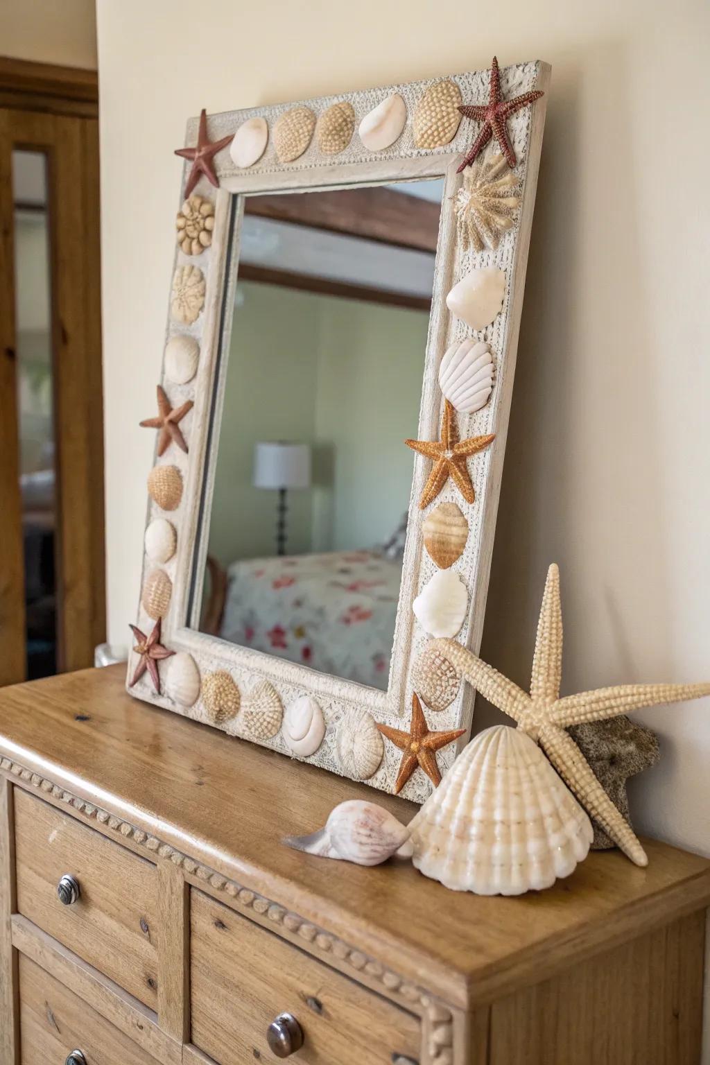 Mirrors with ocean-inspired frames reflect the theme beautifully.