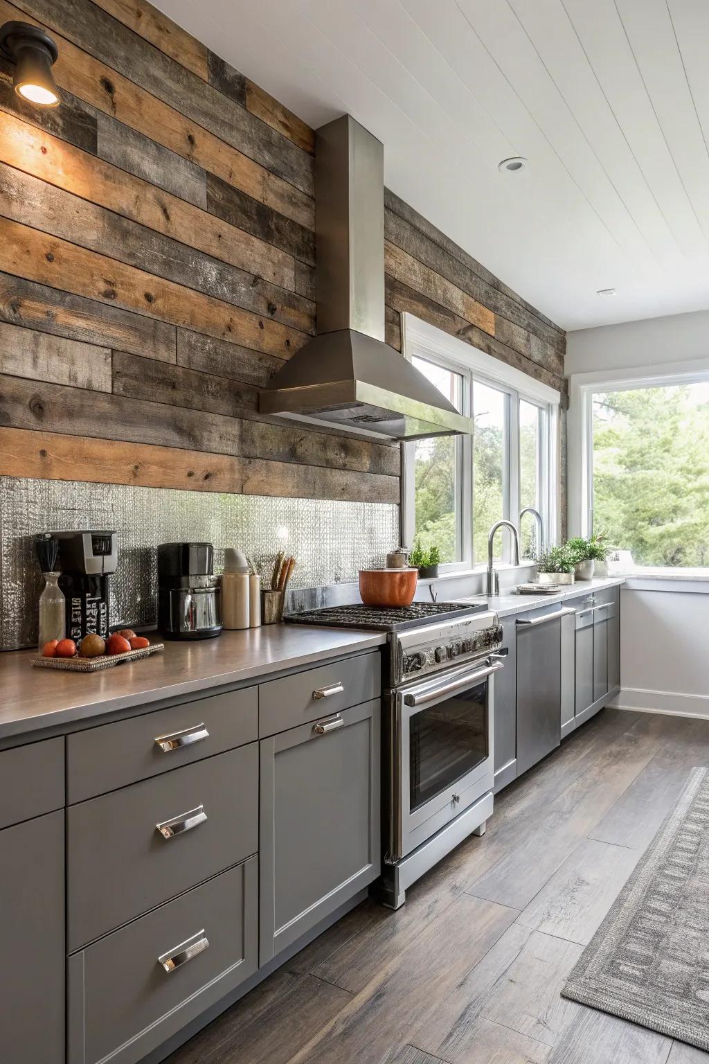 A kitchen featuring modern metal harmonized with distressed timber.